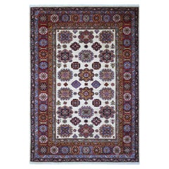 6'1 "x8'8" Avorio Annodato a mano in Lana Super Kazak Medaglioni Geometrici Tappeto Orientale