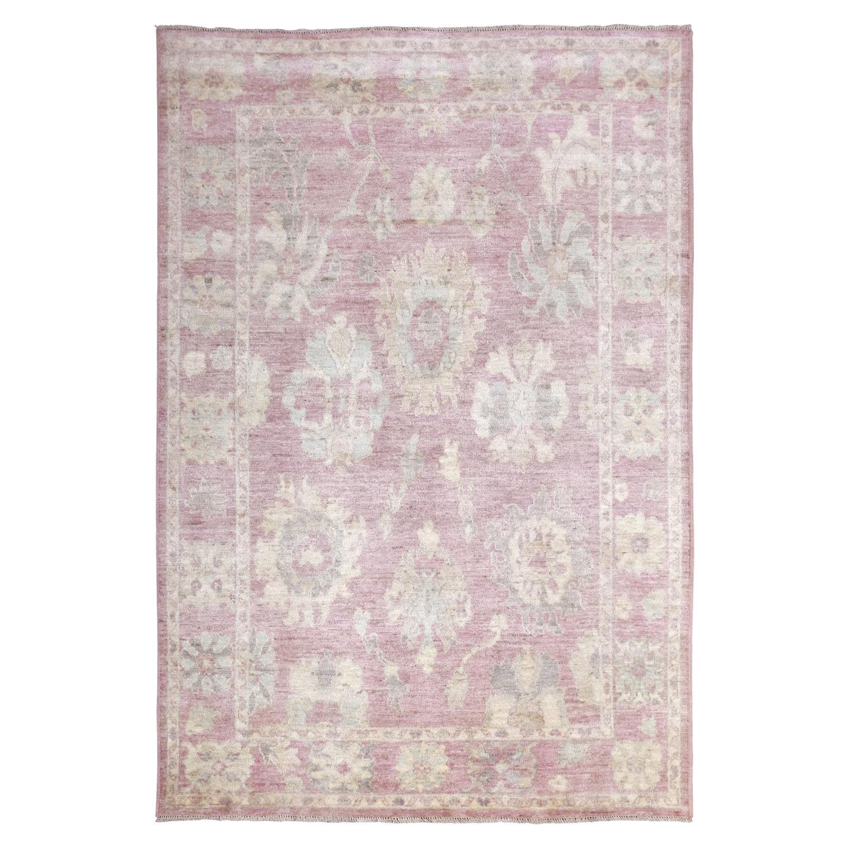 6'1 "x8'8" Tappeto in morbida lana annodata a mano in corallo rosa angora Oushak con colori sbiaditi