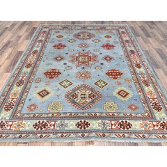 6'1"x8'9" Blue Special Kazak Geometric Medallion Design Hand Knotted Wool Rug