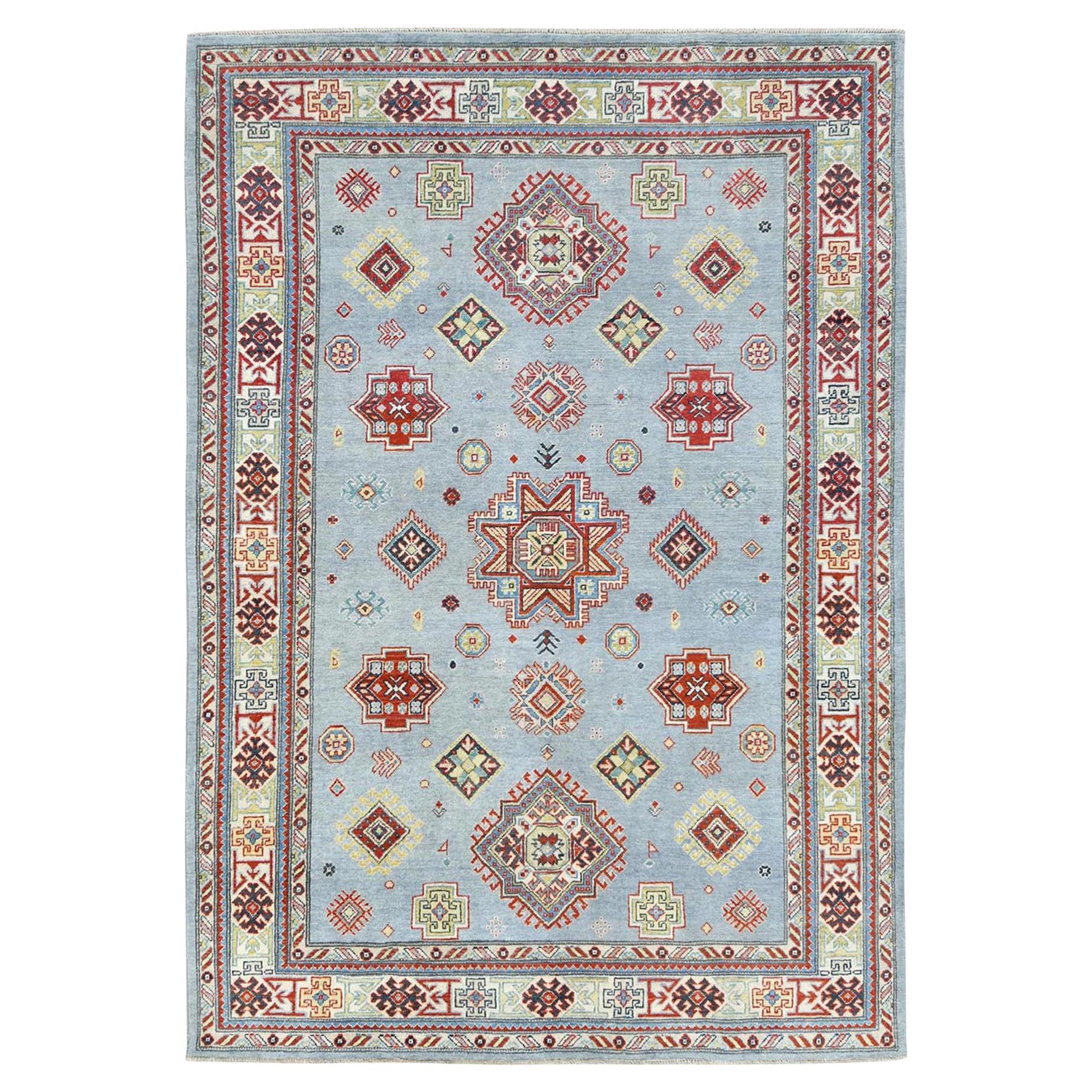 6
1 "x8
9" Blau Spezial Kazak Geometrisches Medaillon Design Handgeknüpfter Wollteppich