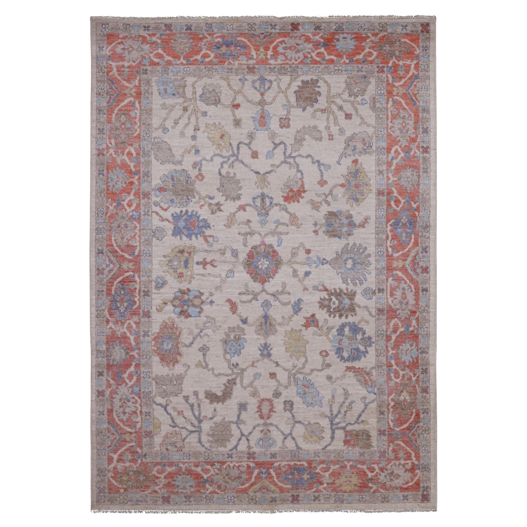 6'1"x8'9" White Afghan Angora Oushak Leaf Design Hand Knotted Wool Oriental Rug