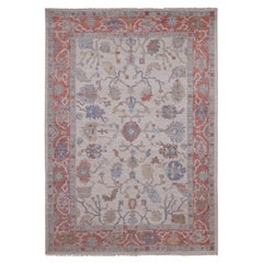 6'1"x8'9" White Afghan Angora Oushak Leaf Design Hand Knotted Wool Oriental Rug