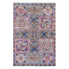 6'1"x9' Brown Pure Silk Arts and Crafts Block Design Hand Knotted Oriental Rug