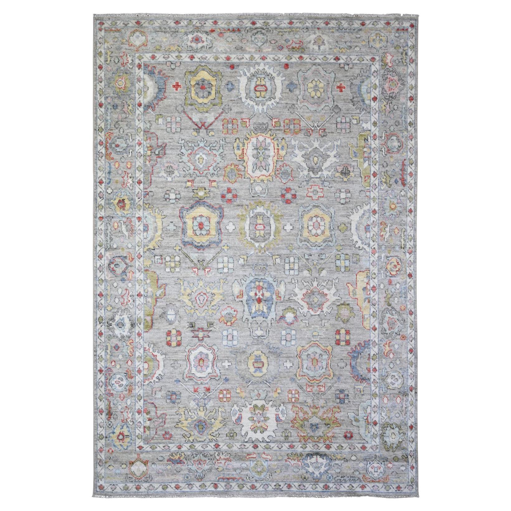 6'1"x9' Cloud Gray, Afghan Angora Oushak Soft Wool Hand Knotted Rug