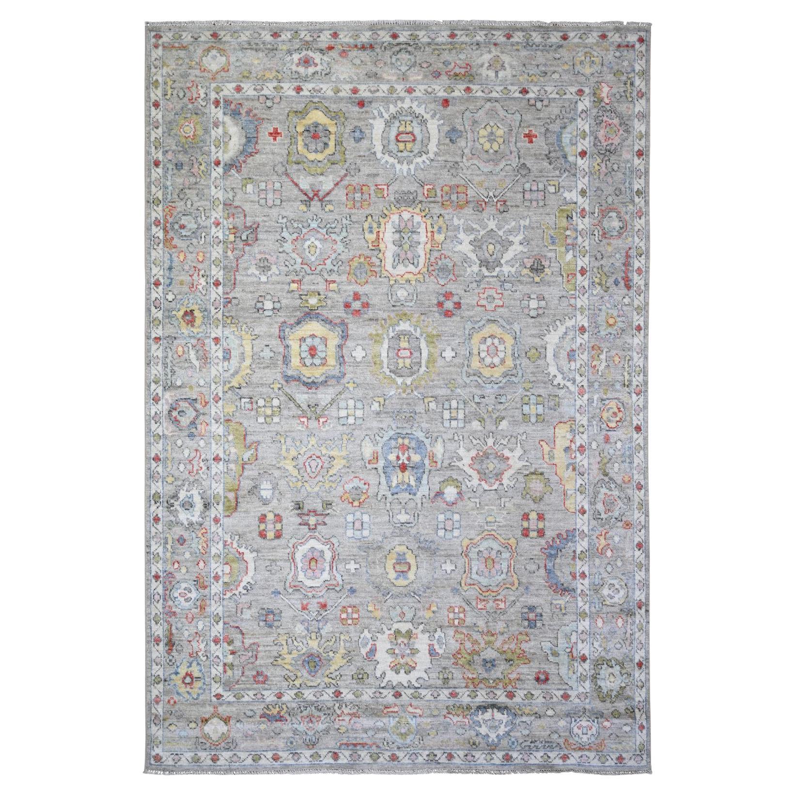 6'1"x9' Cloud Gray, Afghan Angora Oushak Soft Wool Hand Knotted Rug