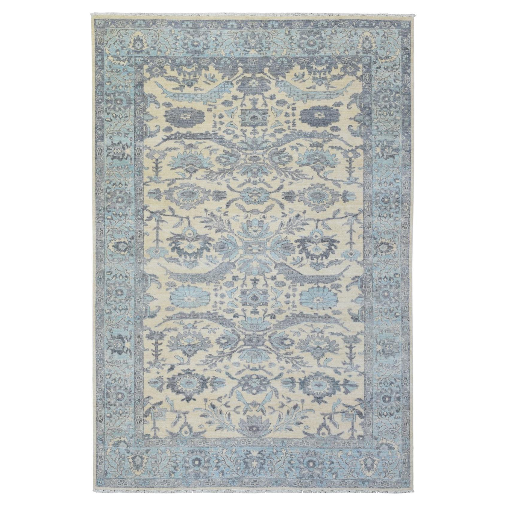 6'1"x9' Ivory Hand Knotted Fine Peshawar Heriz Design Soft Wool Oriental Rug For Sale