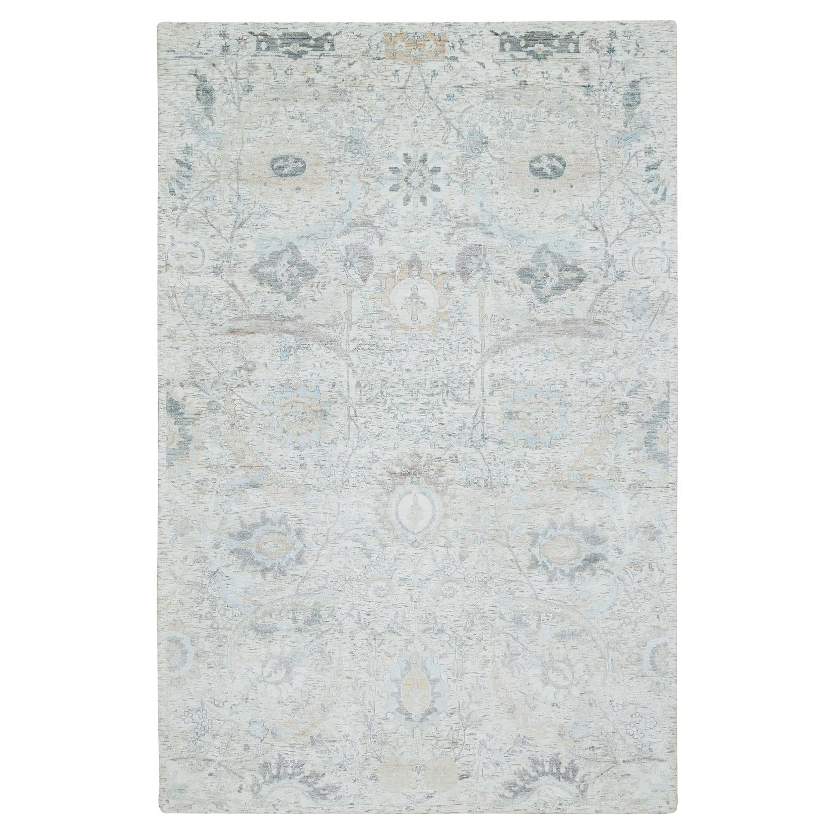 6'1"x9' Ivory, Silk With Wool Hand Knotted, Sickle Leaf Design Oriental Rug