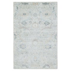 6'1"x9' Ivory, Silk With Wool Hand Knotted, Sickle Leaf Design Oriental Rug