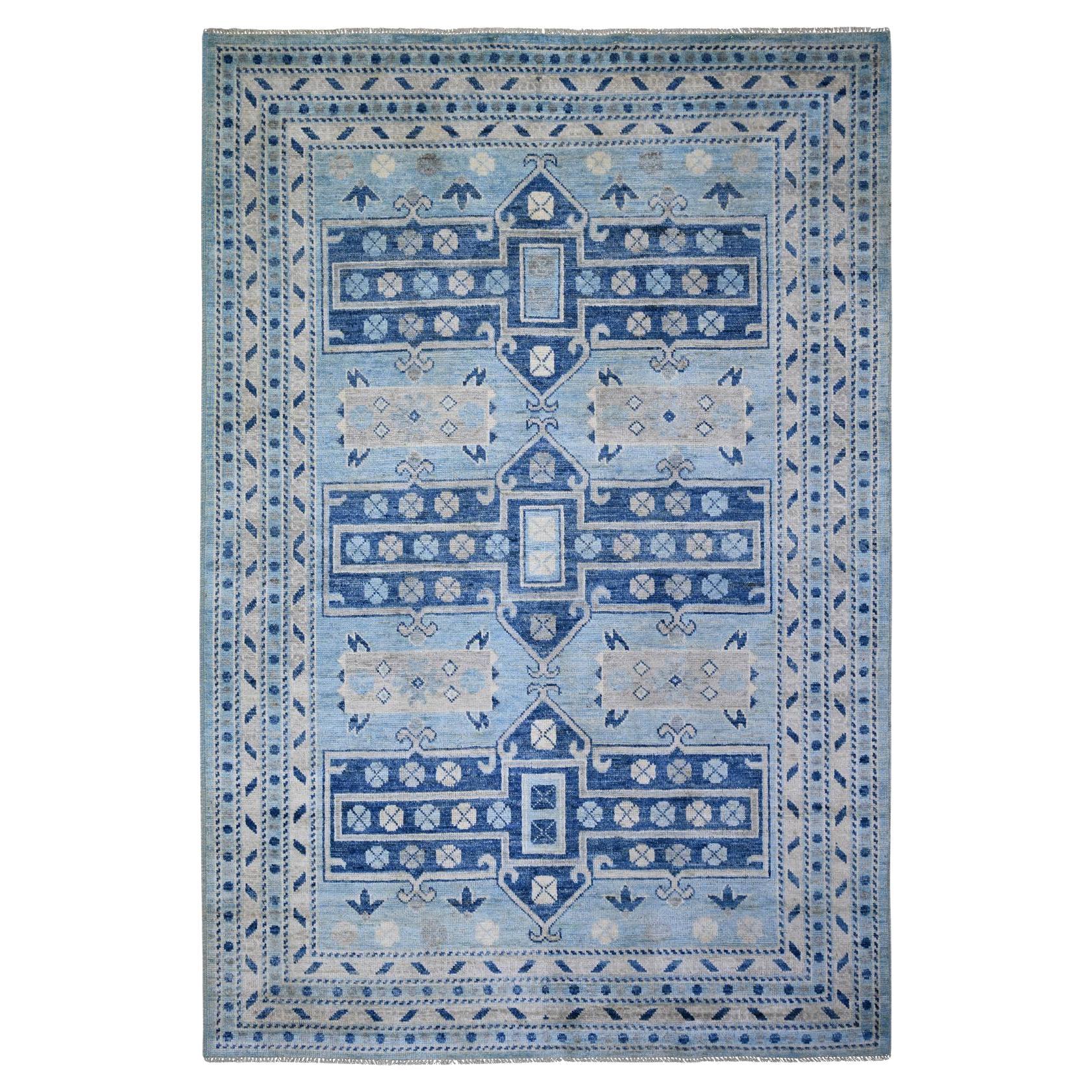 6'1"x9' Light Blue, Soft Wool Hand Knotted, Anatolian Village Inspired Rug
