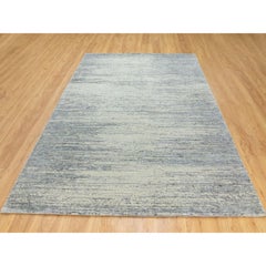 6'1"x9' Light Gray Jacquard Hand Loomed Modern Natural Wool-Silk Oriental Rug