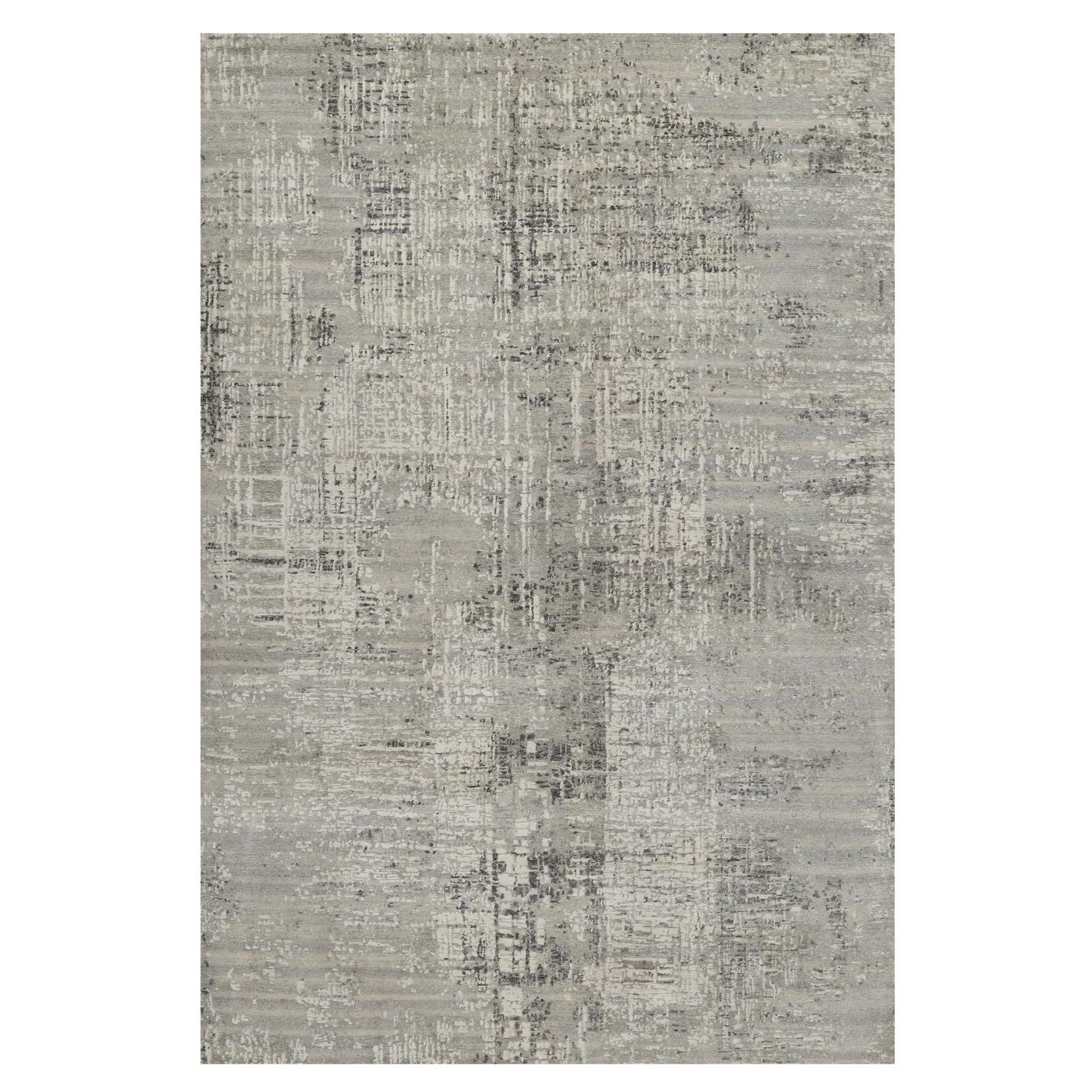 6'1"x9' Light Gray Modern Erased Design Hand Knotted Undyed Natural Wool Rug