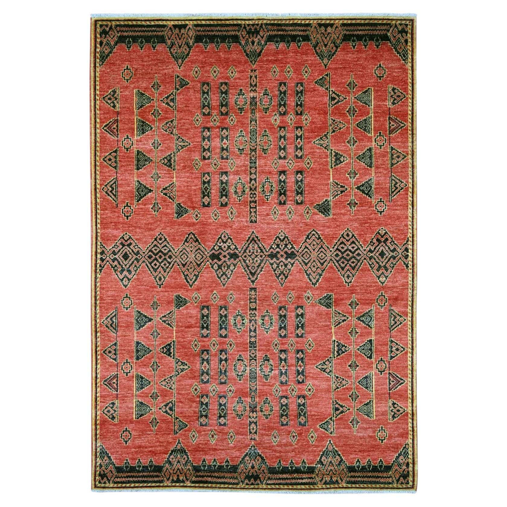 6'1"x9' Red Hand Knotted Soft Wool Peshawar with Berber Influence Oriental Rug For Sale