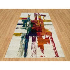6'1"x9' Sandstone Ivory Hand Knotted Modern Abstract Design Wool and Silk Rug