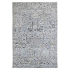 6'1"x9' Steely Gray Hand Knotted Angora Oushak All Over Vines Motifs Wool Rug