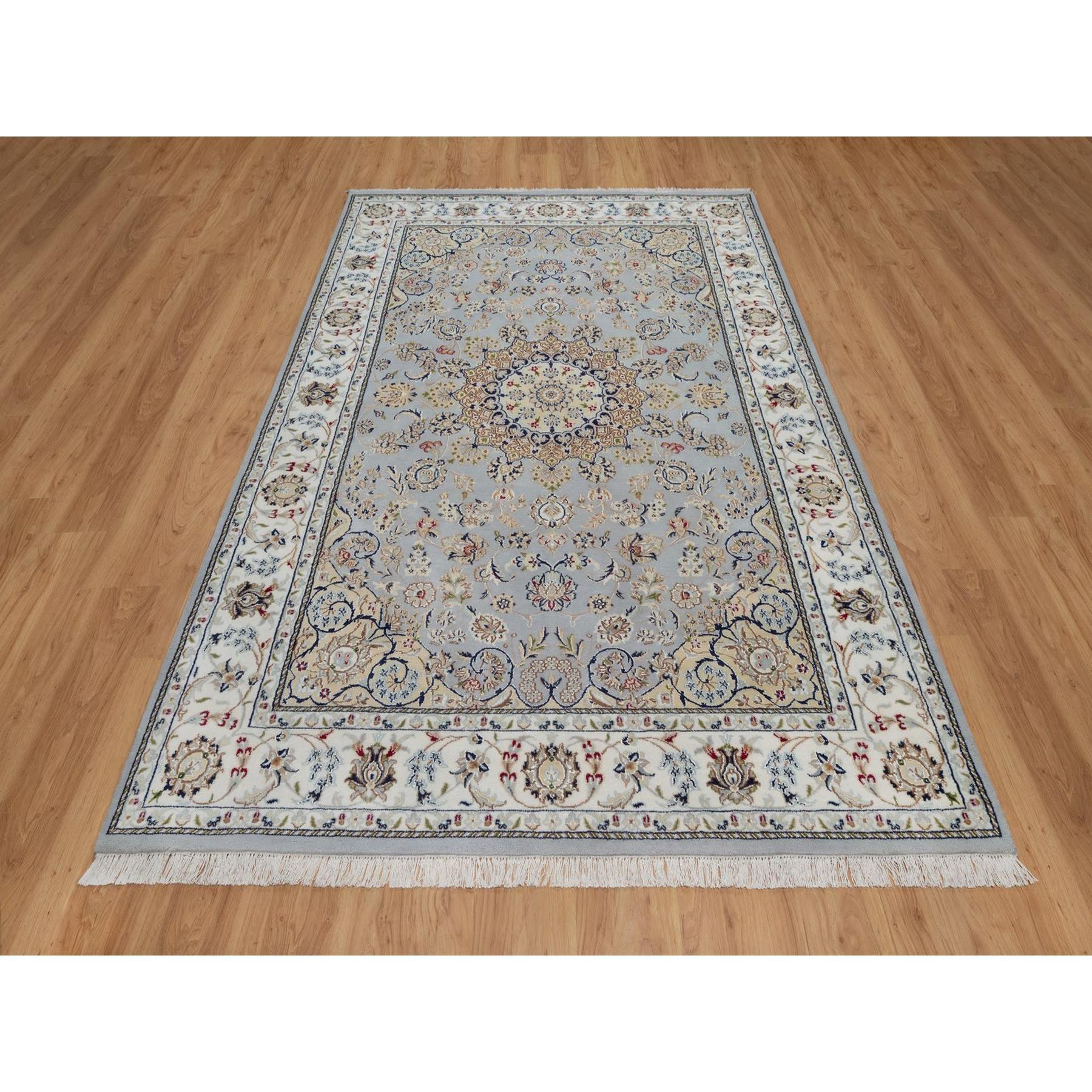 Stone Blue, 250 KPSI, Nain with Flower Medallion Design, Soft Pile, Wool & Silk, Hand Knotted, Oriental Rug
Primary materials: Wool & Silk
Latex: No Pile 
height: 0.25 Inches
Style: Traditional
Primary color: Blue
Secondary colors: Green, Brown,