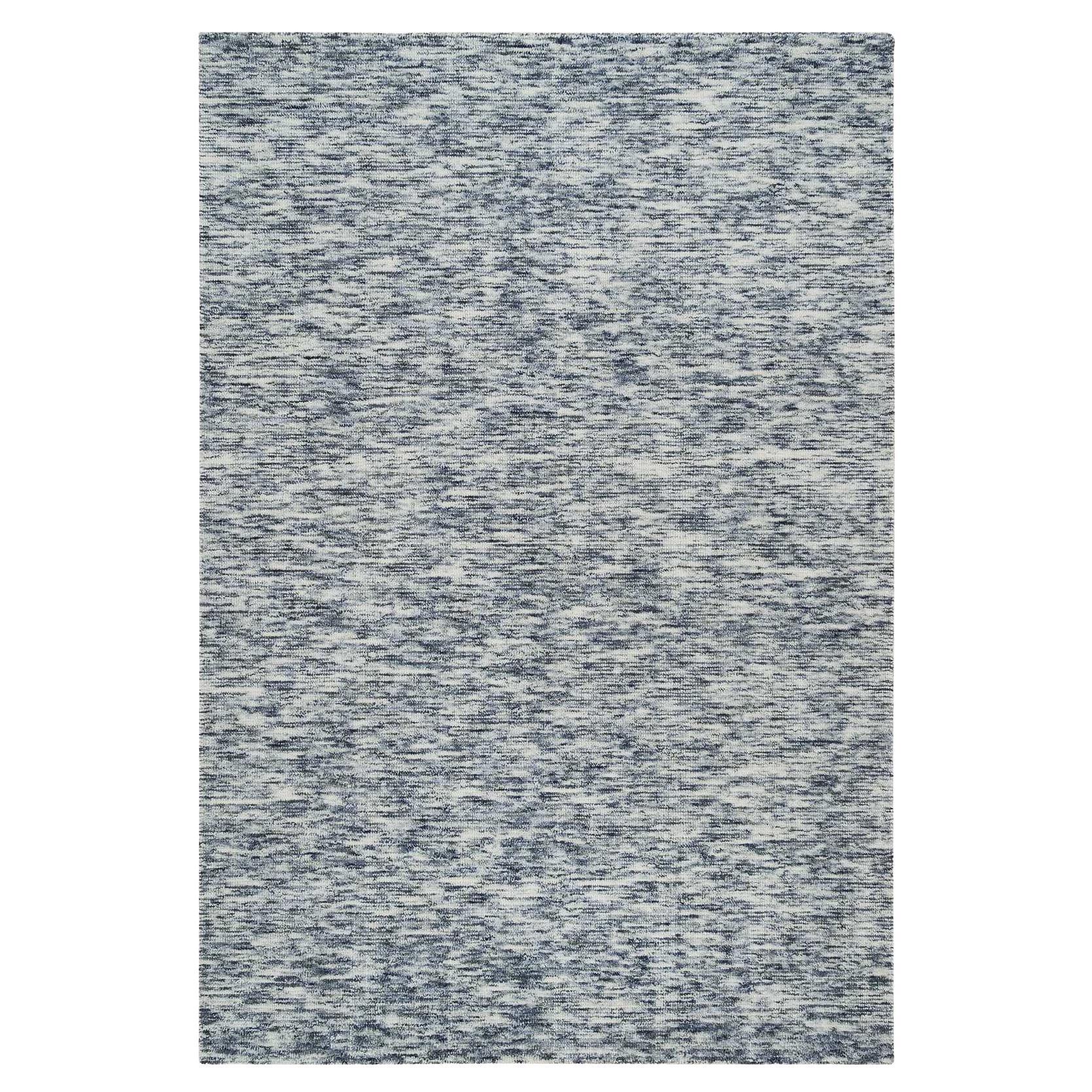 6'1 "x9'1" Alfombra tejida a mano de pura lana con diseño moderno de estrías azul y marfil