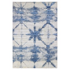 Tappeto moderno blu e bianco in pura seta e lana testurizzata annodato a mano 6'1 "x9'1".