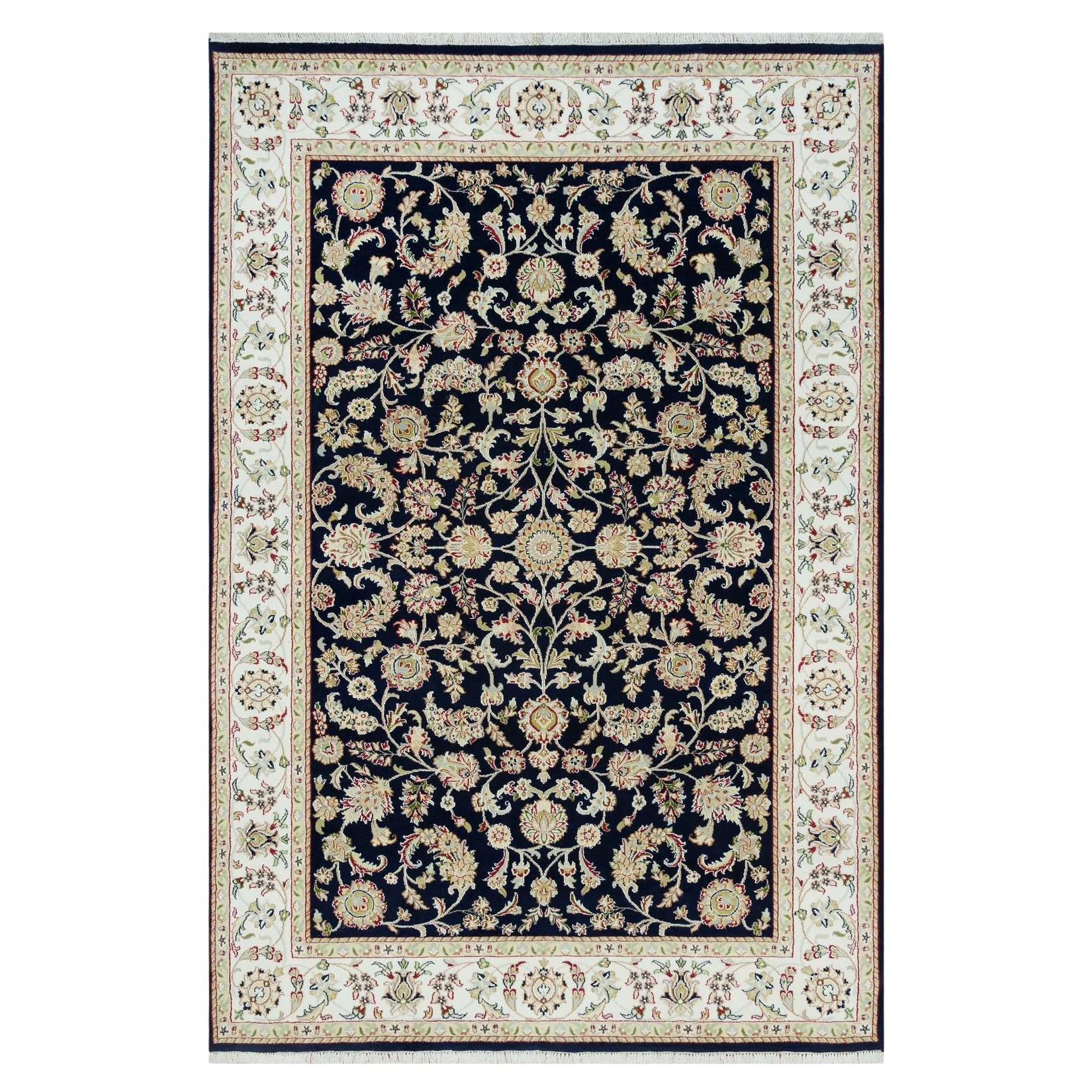6'1 "x9'1" Alfombra de Lana Anudada a Mano Azul Nain con Diseño de Flores por Todas Partes