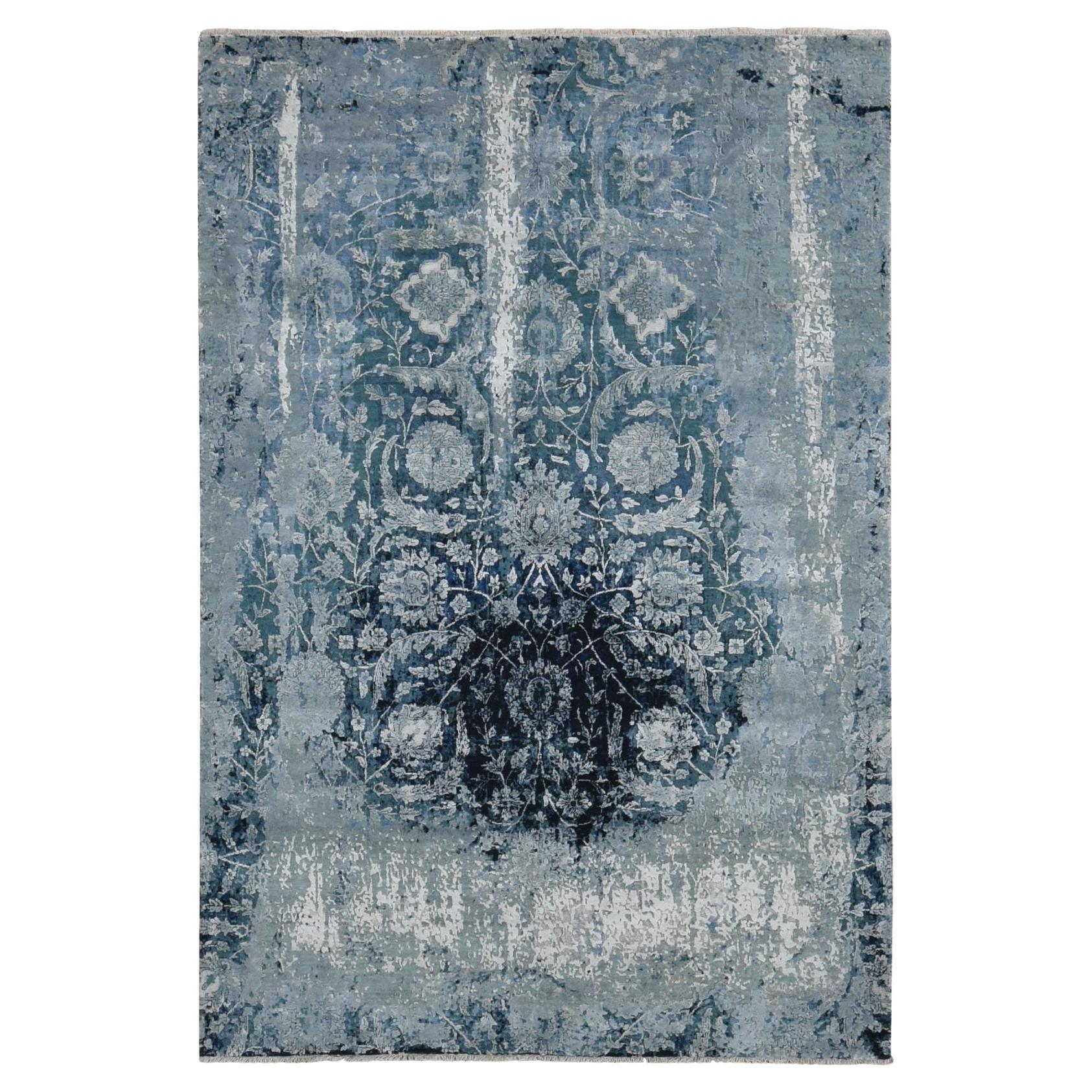 Tappeto blu persiano Tabriz Broken Design in lana e seta annodato a mano 6'1x9'1"