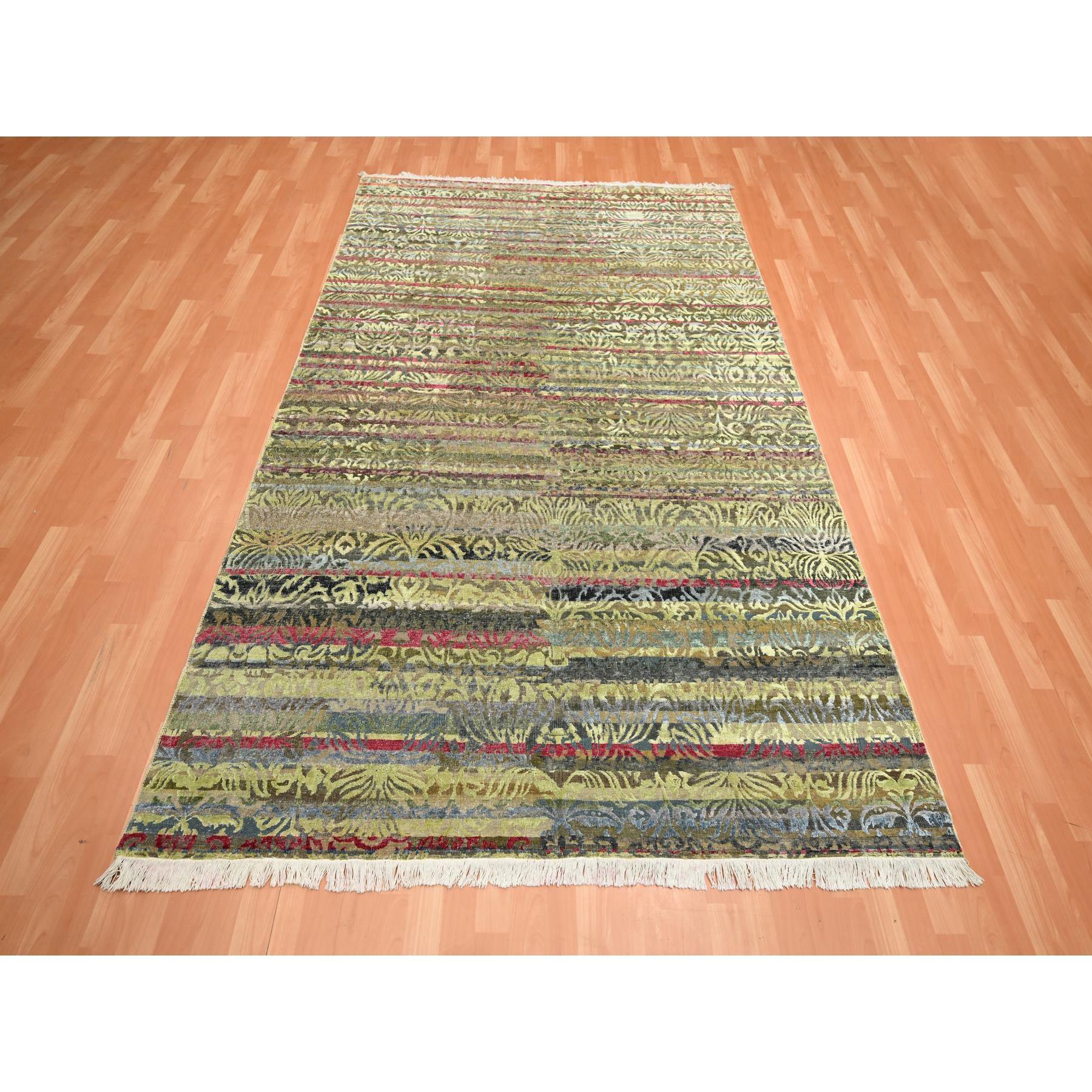 Shades of Brown with Green, Abrash Design, Silk with Oxidized Wool, Hand Knotted, Oriental Rug
Primary materials: Wool & Silk
Latex: No Pile 
height: 0.25 Inches
Style: Contemporary
Primary color: Green
Secondary colors: Red, Navy, Brown, Yellow,