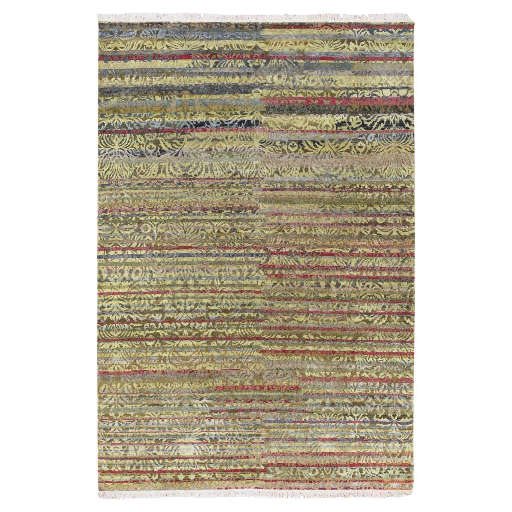 6'1"x9'1" Brown & Green Abrash Design Silk with Oxidized Wool Hand Knotted Rug For Sale