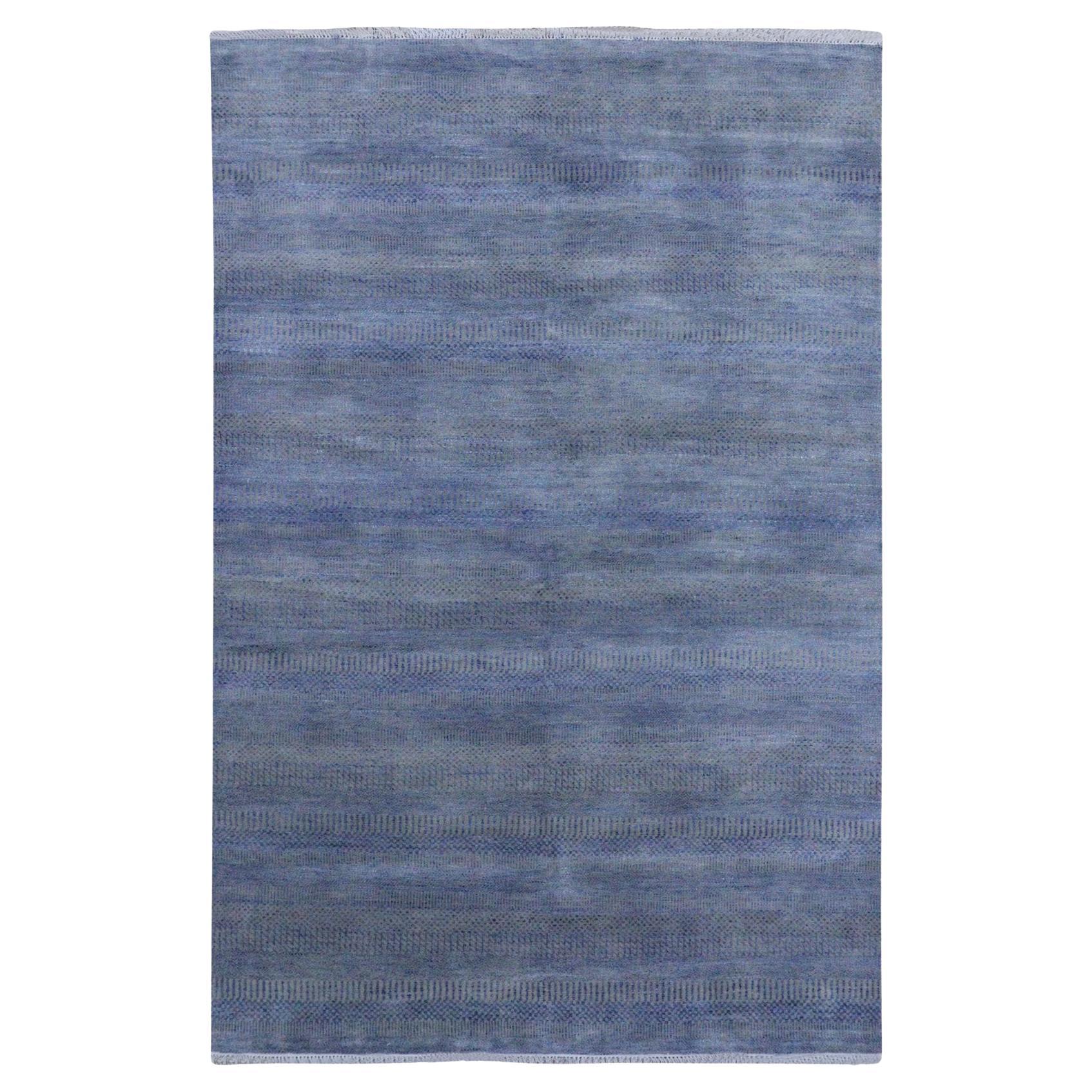 6'1"x9'1" Denim Blue, Wool and Silk Hand Knotted, Modern Grass Design Gabbeh Rug