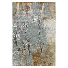 6'1 "x9'1" Grau mit braunem abstraktem Design Persischer Knoten Handgeknüpfter Teppich aus reiner Wolle