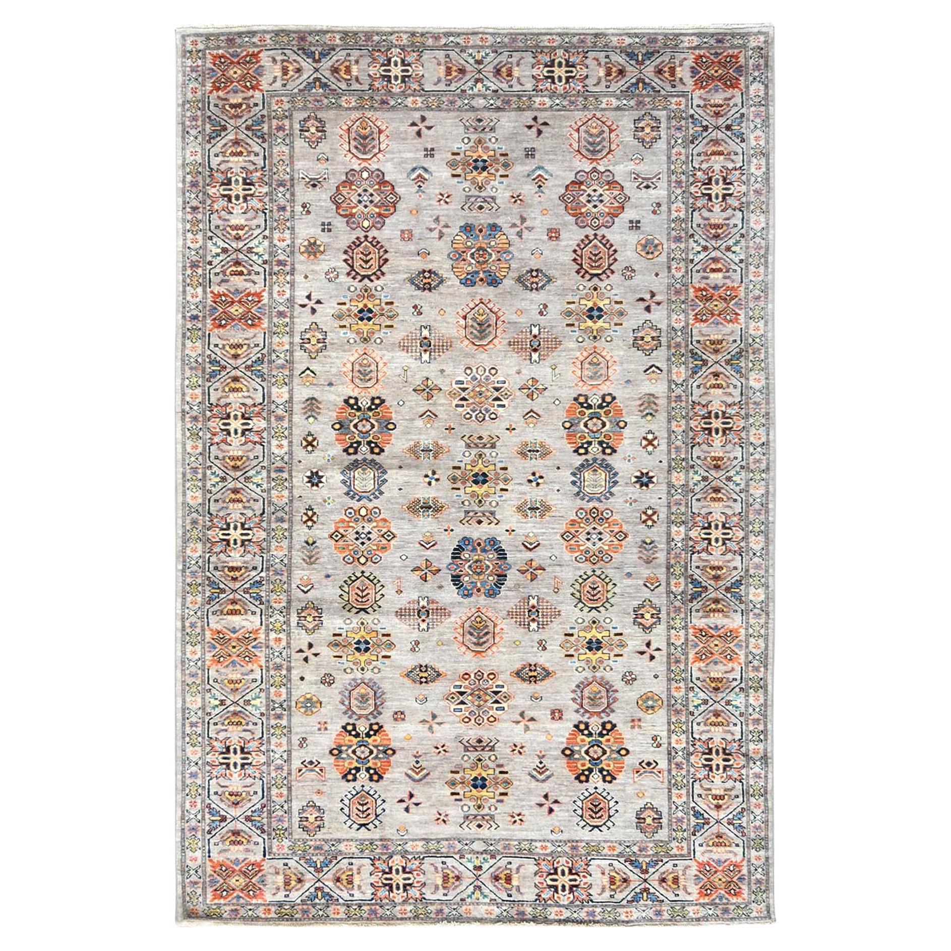 6'1 "x9'1" Grigio chiaro, Tappeto afgano Super Kazak in lana organica annodato a mano