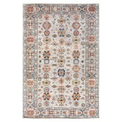6'1"x9'1" Light Gray, Hand Knotted Afghan Super Kazak Organic Wool Oriental Rug