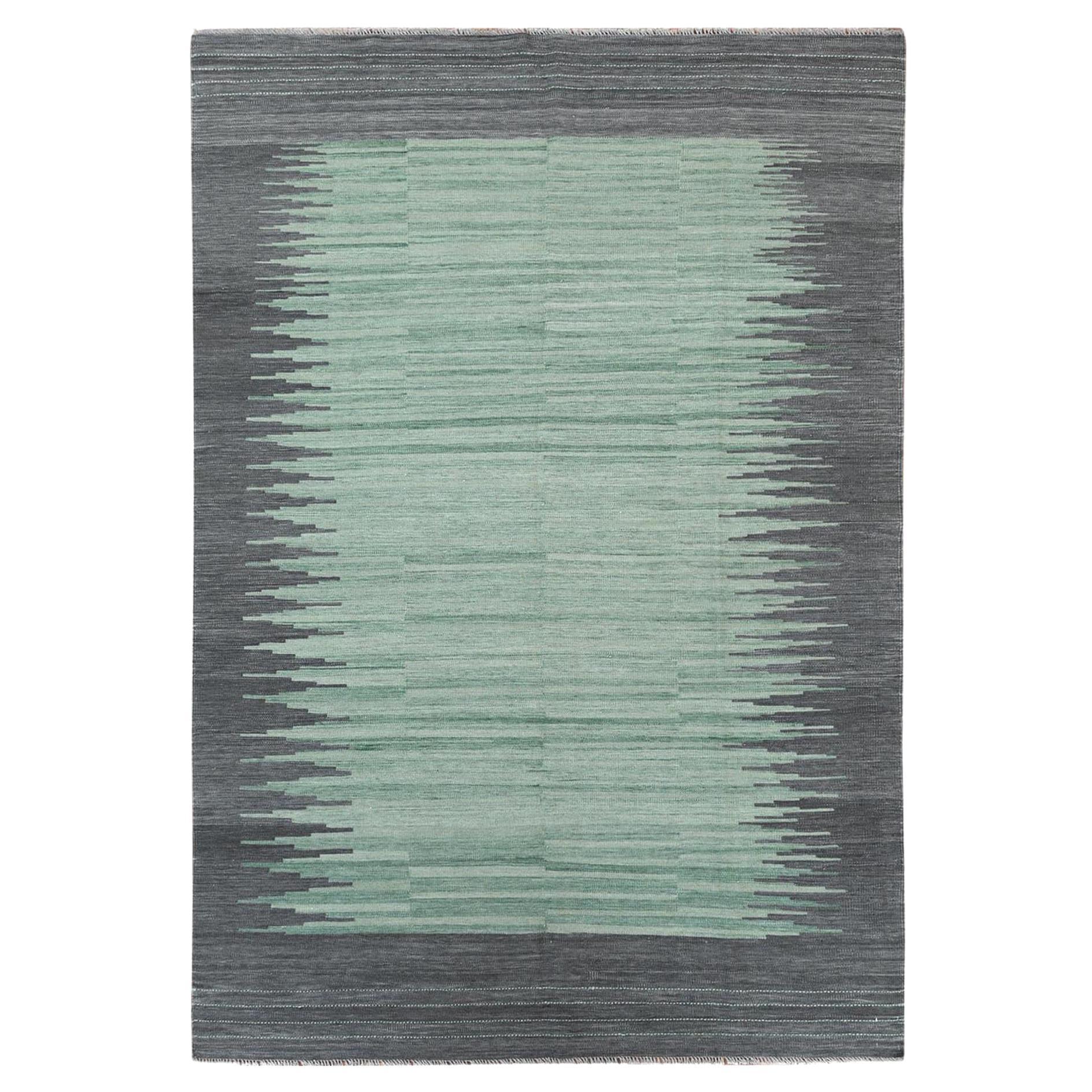 6'1"x9'1" Light Green Ethnic Design Flat Weave Kilim Wool Hand Woven Rug For Sale