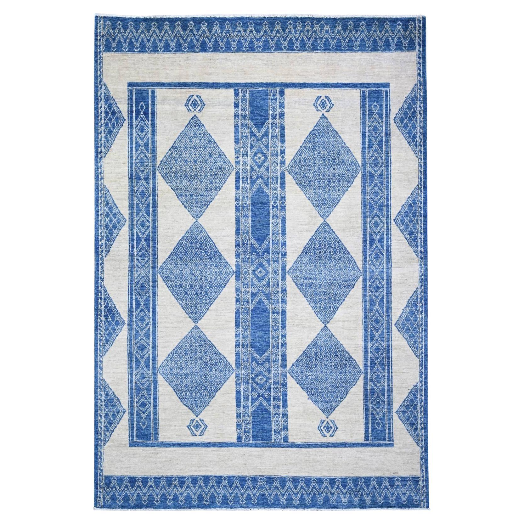 6'1"x9'1" Medium Sapphire, Fine Peshawar Natural Wool Hand Knotted Rug For Sale