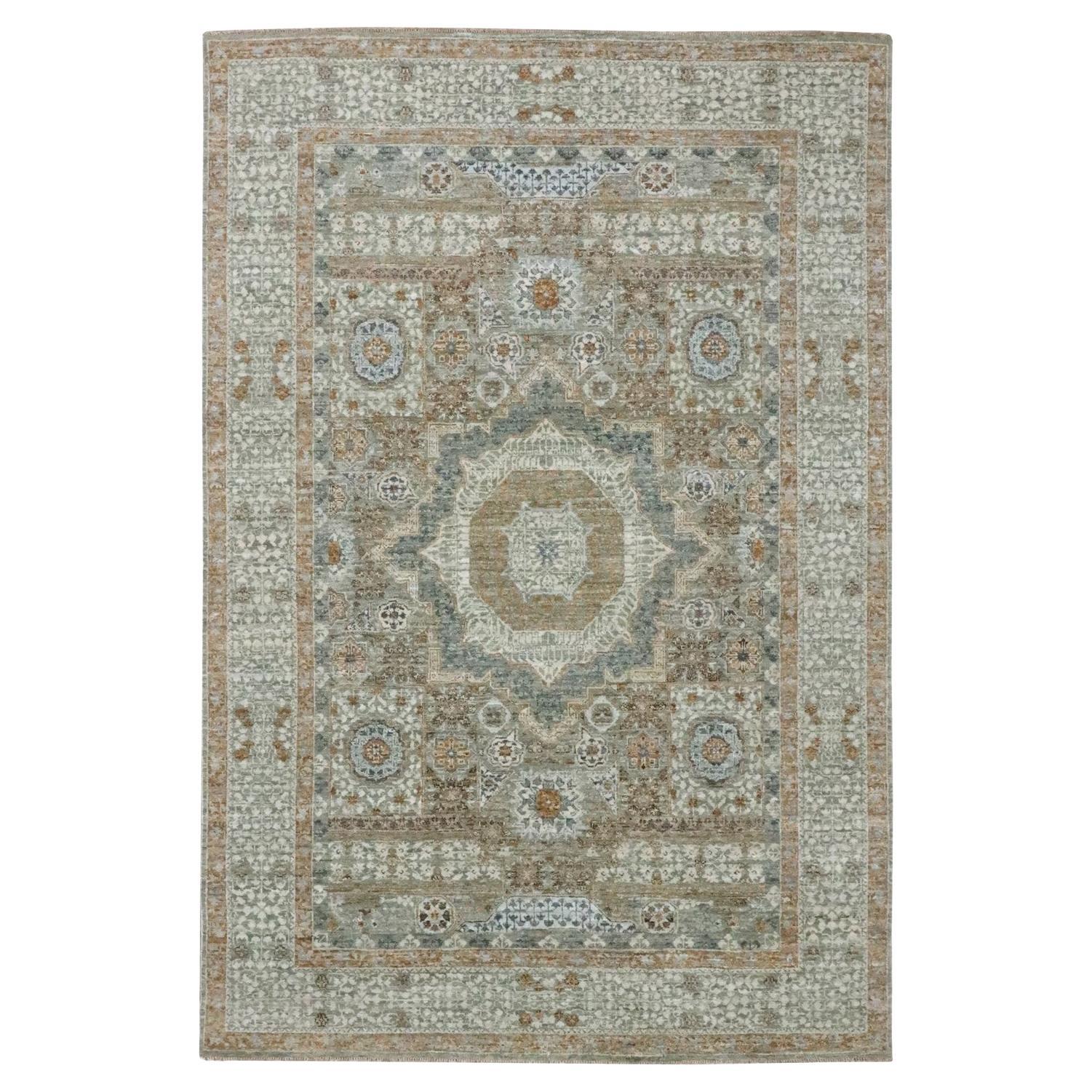 6
1"x9
1" Pistachio Green Hand Knotted Pre Historic Mamluk Design Pure Wool Rug For Sale