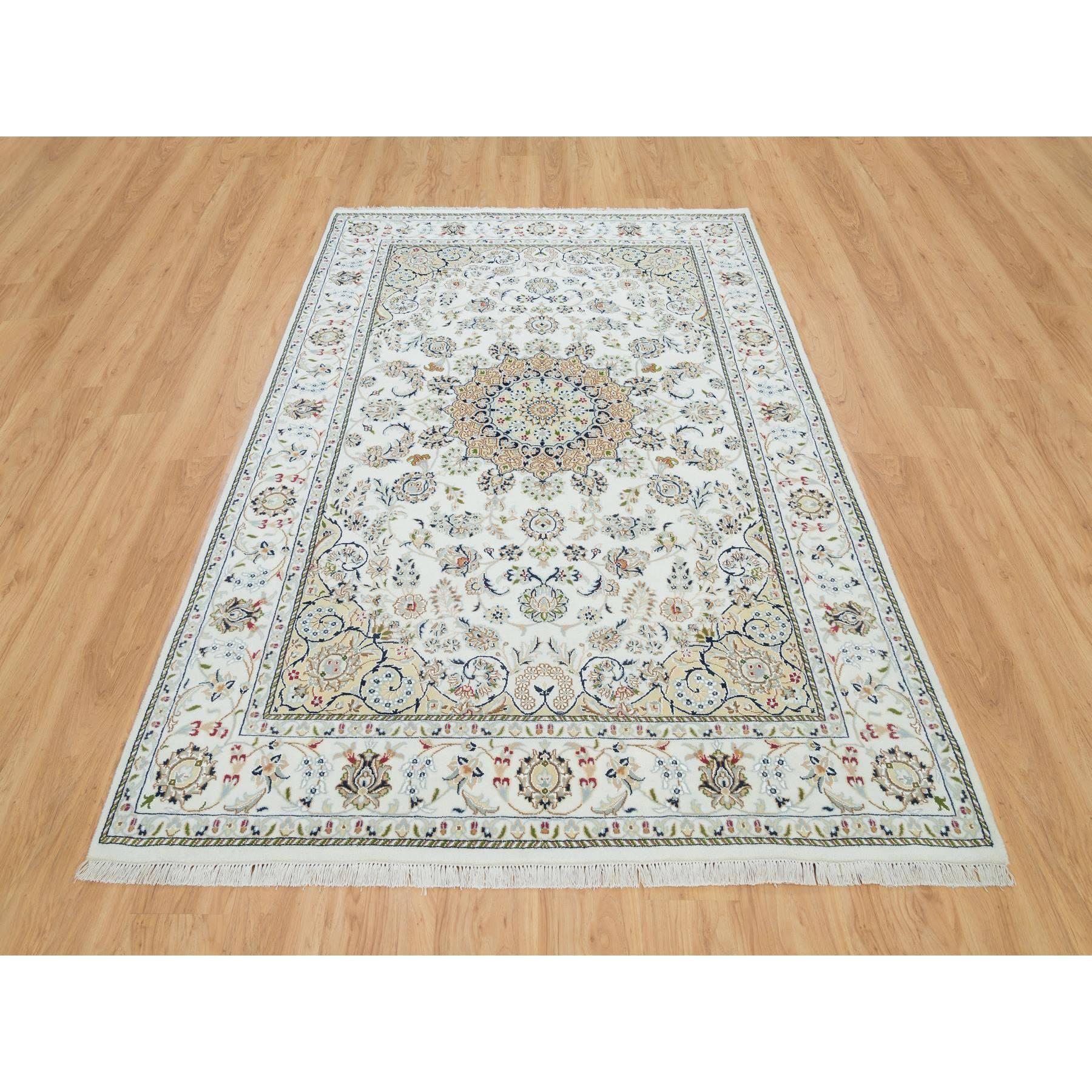 Powder White, Hand Knotted, Nain with Center Medallion Flower Design, 250 KPSI, Natural Wool, Oriental Rug
Primary materials: Wool
Latex: No Pile 
height: 0.25 Inches
Style: Traditional
Primary color: Ivory
Secondary colors: Brown, Green, Red,