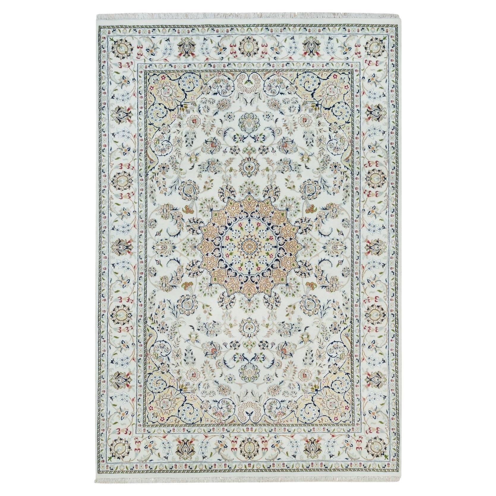 6'1"x9'1" Powder White, Hand Knotted, Nain Design, 250 KPSI Natural Wool Rug