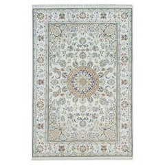 6'1"x9'1" Powder White, Hand Knotted, Nain Design, 250 KPSI Natural Wool Rug