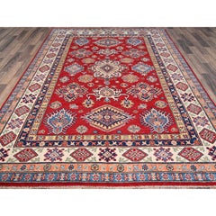 6'1x9'1" Roter handgeknüpfter, dicht gewebter Wollteppich im Kazak-Stammesdesign Orientteppich