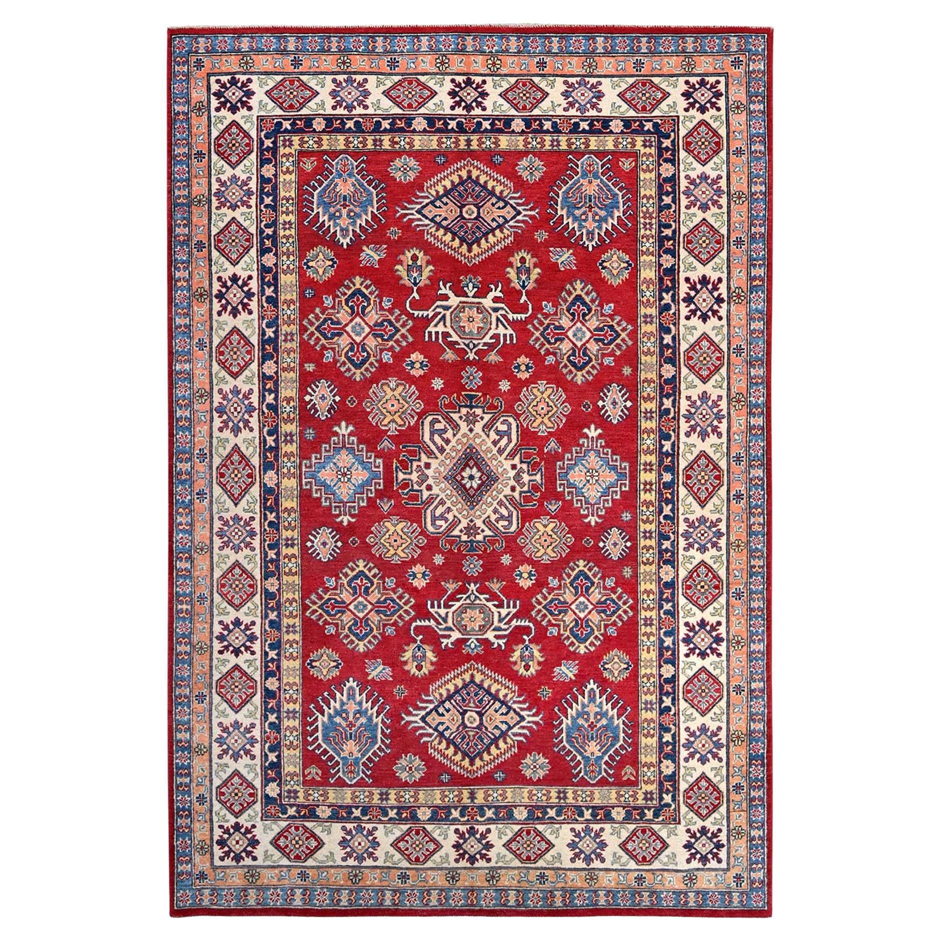 6'1x9'1" Alfombra oriental roja de lana tejida a mano con diseño tribal Kazak