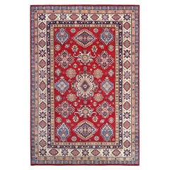 6'1x9'1" Alfombra oriental roja de lana tejida a mano con diseño tribal Kazak