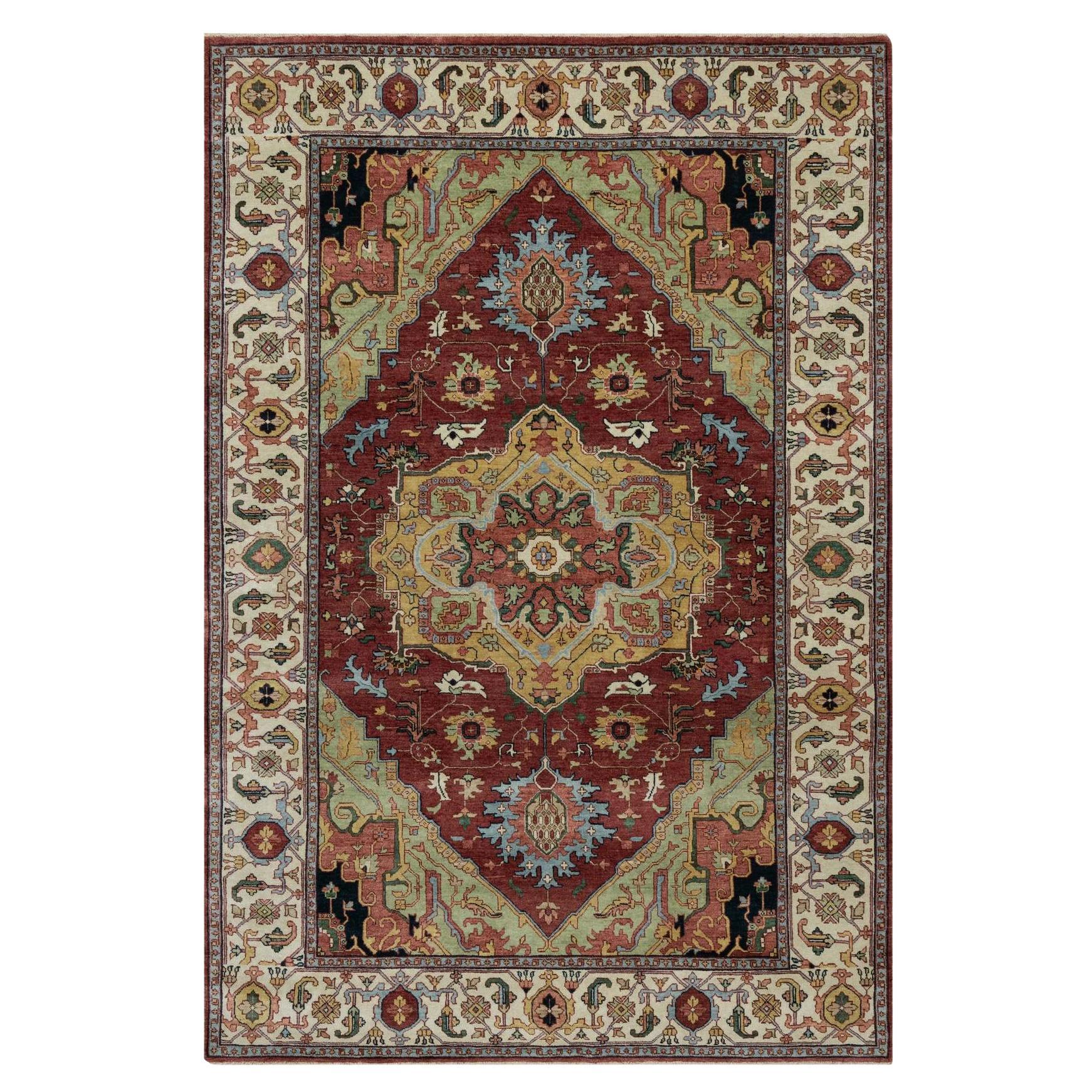 6'1 "x9'2" Brick Red Antiqued Fine Heriz Re-Creation Hand Knotted Soft Wool Rugs in vendita