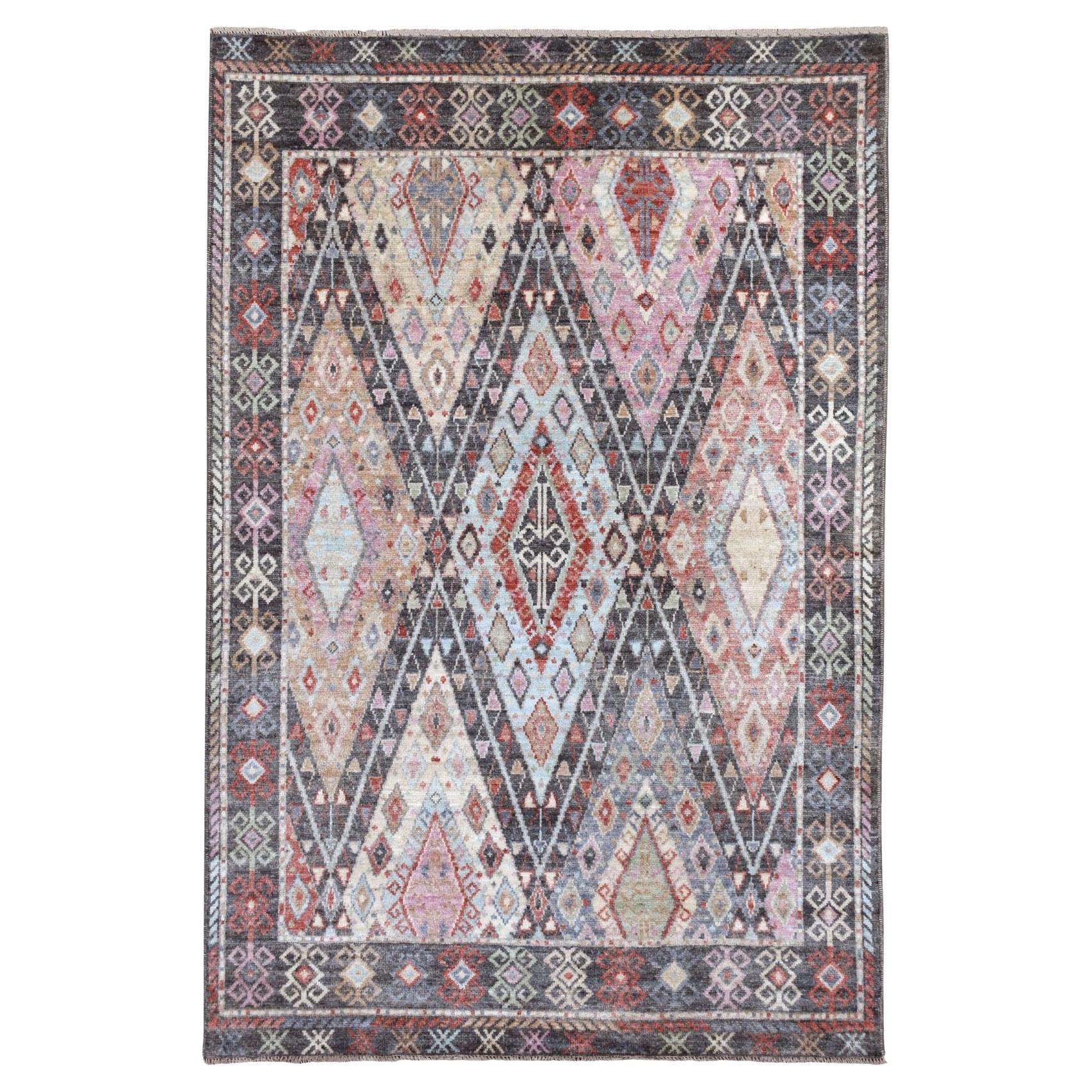 6
1"x9
2" Charcoal Black With Anatolian Design Organic Wool Hand Knotted Rug For Sale