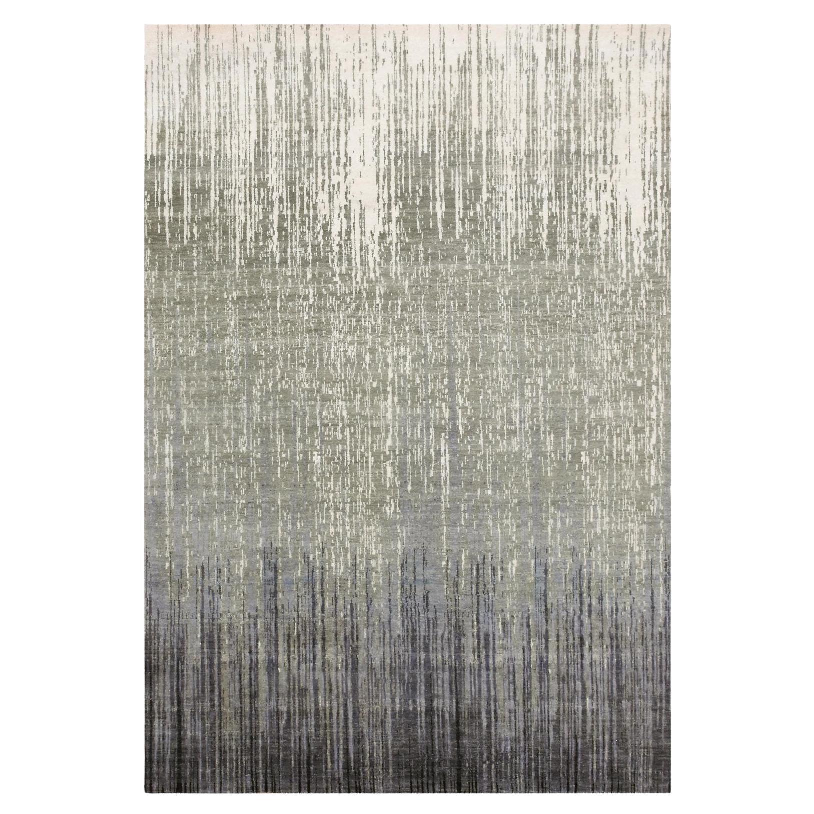 6'1"x9'2" Gray and Black, Modern Ombre Design, Pure Wool Hand Knotted Rug