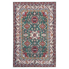6
1 "x9
2" Grün Kazak Design Motive Hand geknüpft Denser Weave Wolle Orientteppich