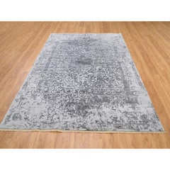 6'1"x9'2" Grey Broken Persian Design Wool And Silk Hand Knotted Oriental Rug