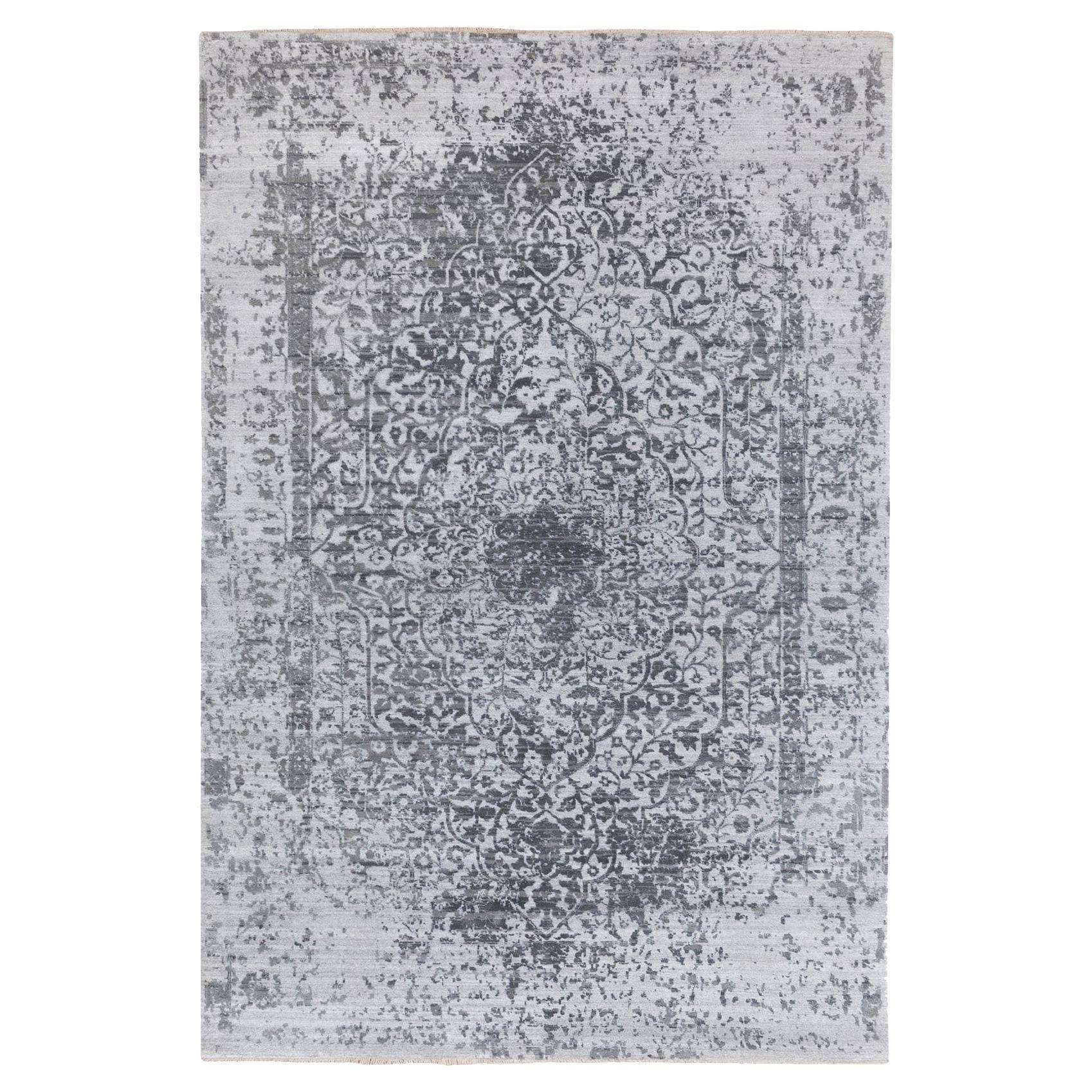 6'1"x9'2" Grauer handgeknüpfter orientalischer Teppich aus Wolle und Seide im persischen Design mit Brokenmuster