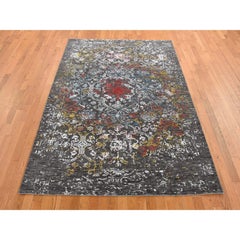 6'1"X9'2" Iridium Black Transitional Agra Design Wool and Silk Hand Knotted Rug