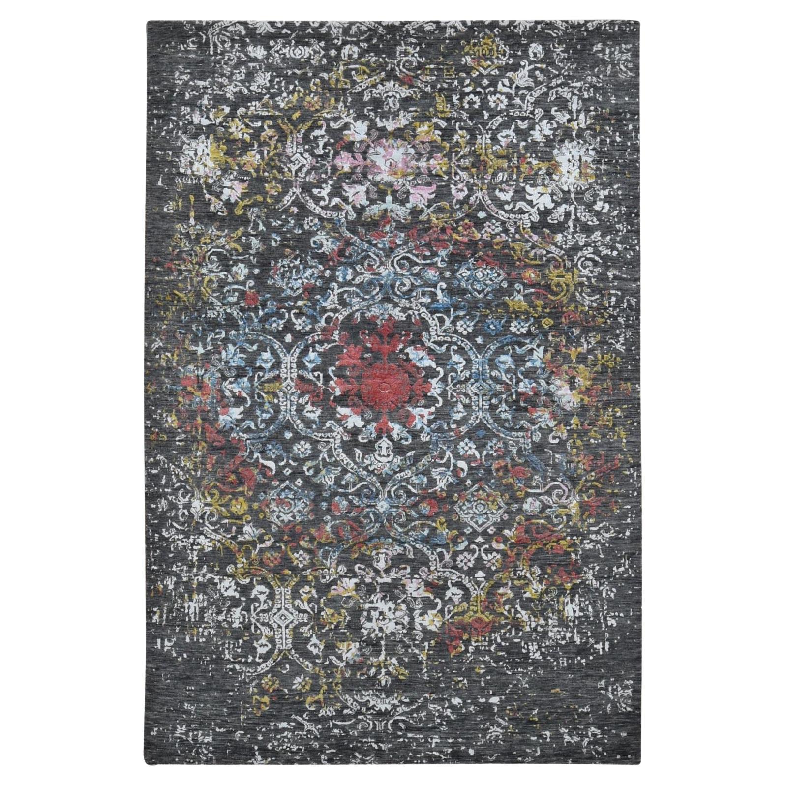 6'1 "X9'2" Iridium Black Transitional Agra Design Tappeto in lana e seta annodato a mano in vendita