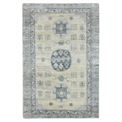 6'1"x9'3" Beige Khotan Influence Shaved Low Distressed Hand Knotted Silk Rug