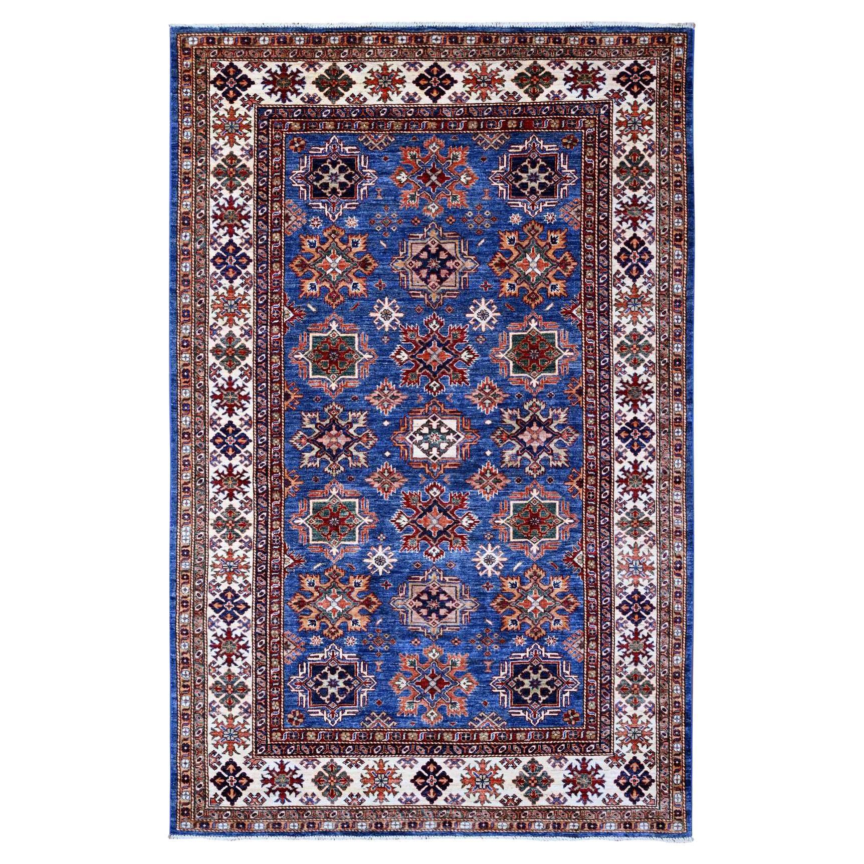 6'1"x9'3" Cobalt Blue Hand Knotted Wool Tribal Motifs Super Kazak Oriental Rug