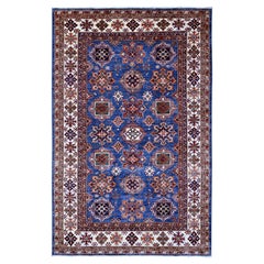 6'1 "x9'3" Azul Cobalto Lana Anudada a Mano Motivos Tribales Alfombra Oriental Super Kazak