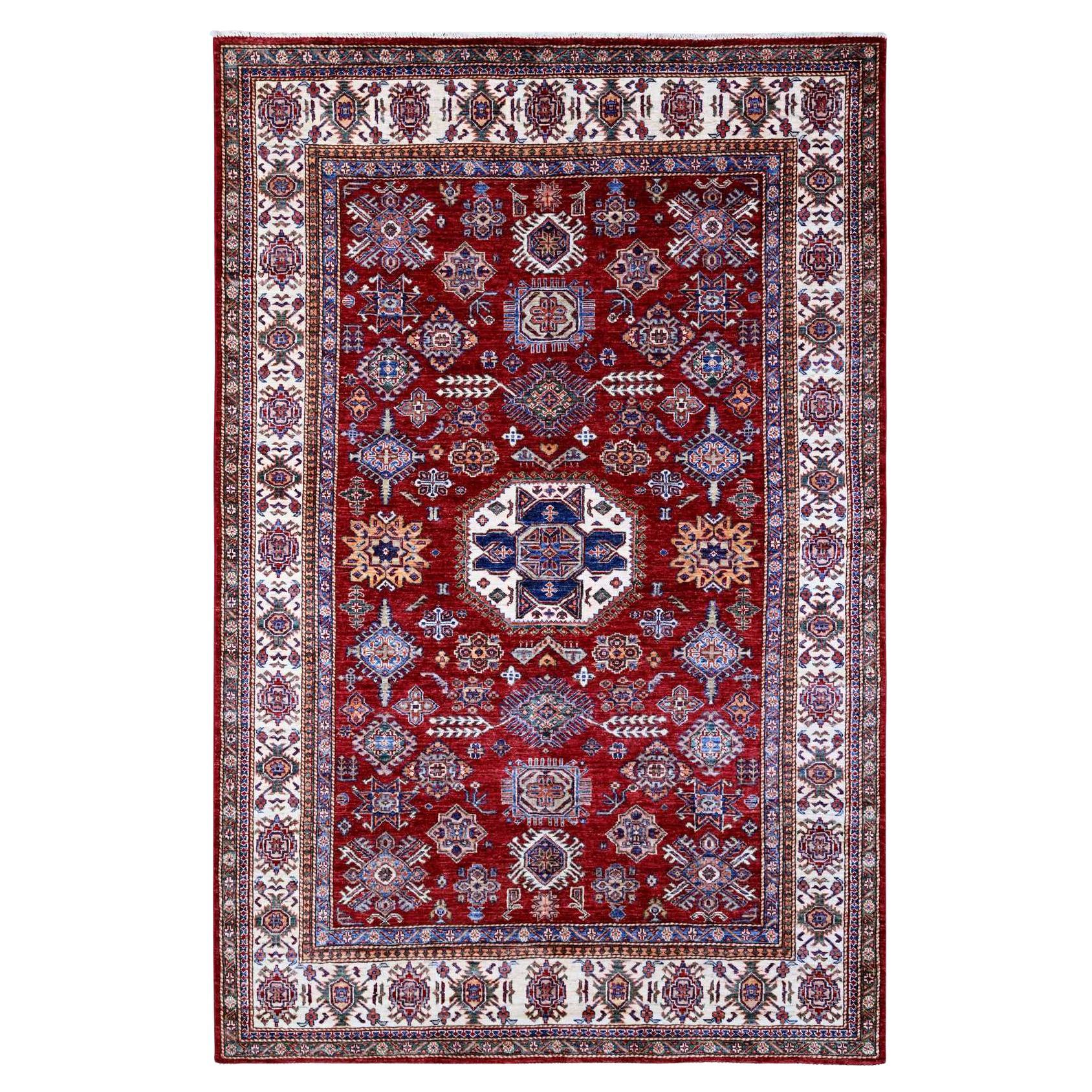 6'1"x9'3" Currant Red Hand Knotted Wool Super Kazak Geometric Oriental Rug